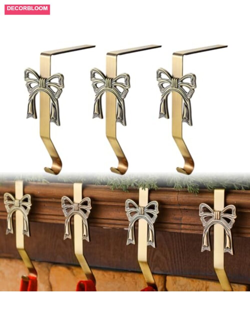 6 Pc Brass Bow Christmas Stocking Holder Hooks Metal Mantel Hangers
